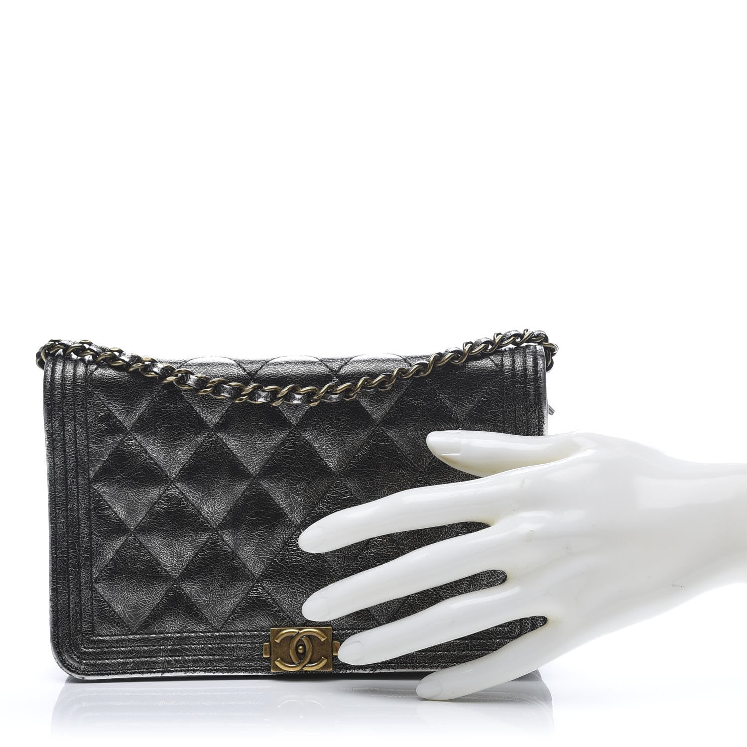 Chanel Metallic Calfskin Quilted Boy Wallet On Chain WOC Charcoal 2 of 12