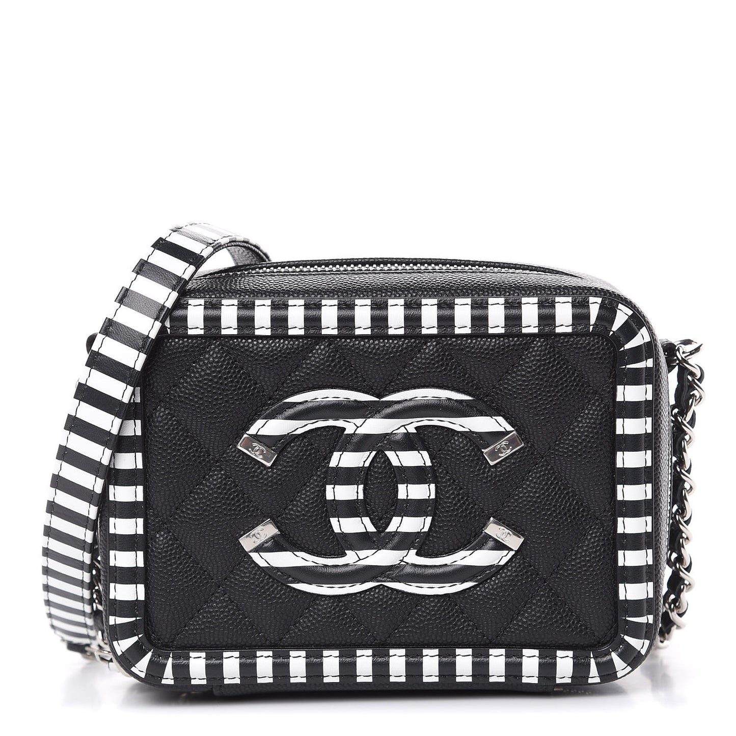 Caviar Quilted Striped Filigree Vanity Clutch With Chain Black White