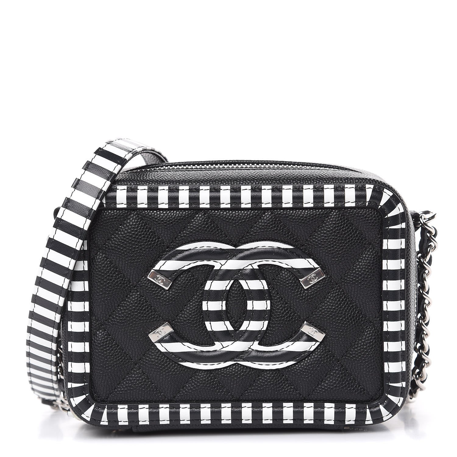 Chanel Caviar Quilted Striped Filigree Vanity Clutch With Chain Black White 1 of 9