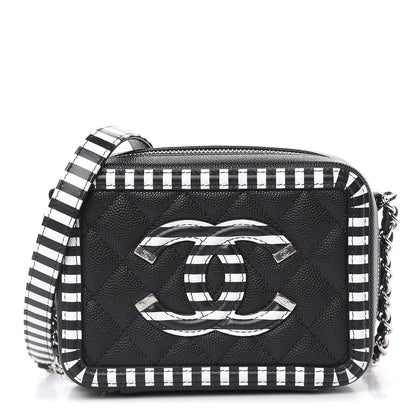 Chanel Caviar Quilted Striped Filigree Vanity Clutch With Chain Black White 1 of 9
