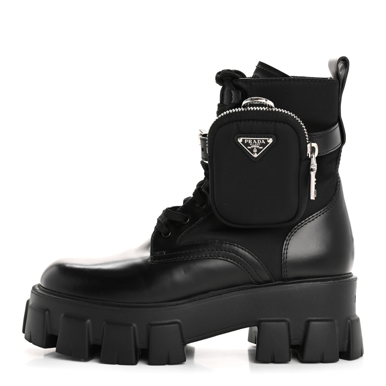 Prada Spazzolato Rois Re-Nylon Metal Triangle Logo Monolith Pouch Pocket 55mm Boots 37 Black 1 of 16