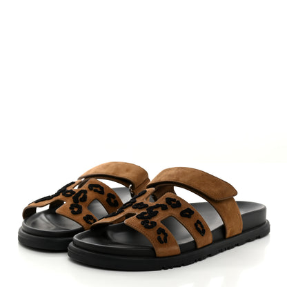 Hermes Suede Goatskin Womens Chypre Sandals 37 Brun Fume Black 3 of 9