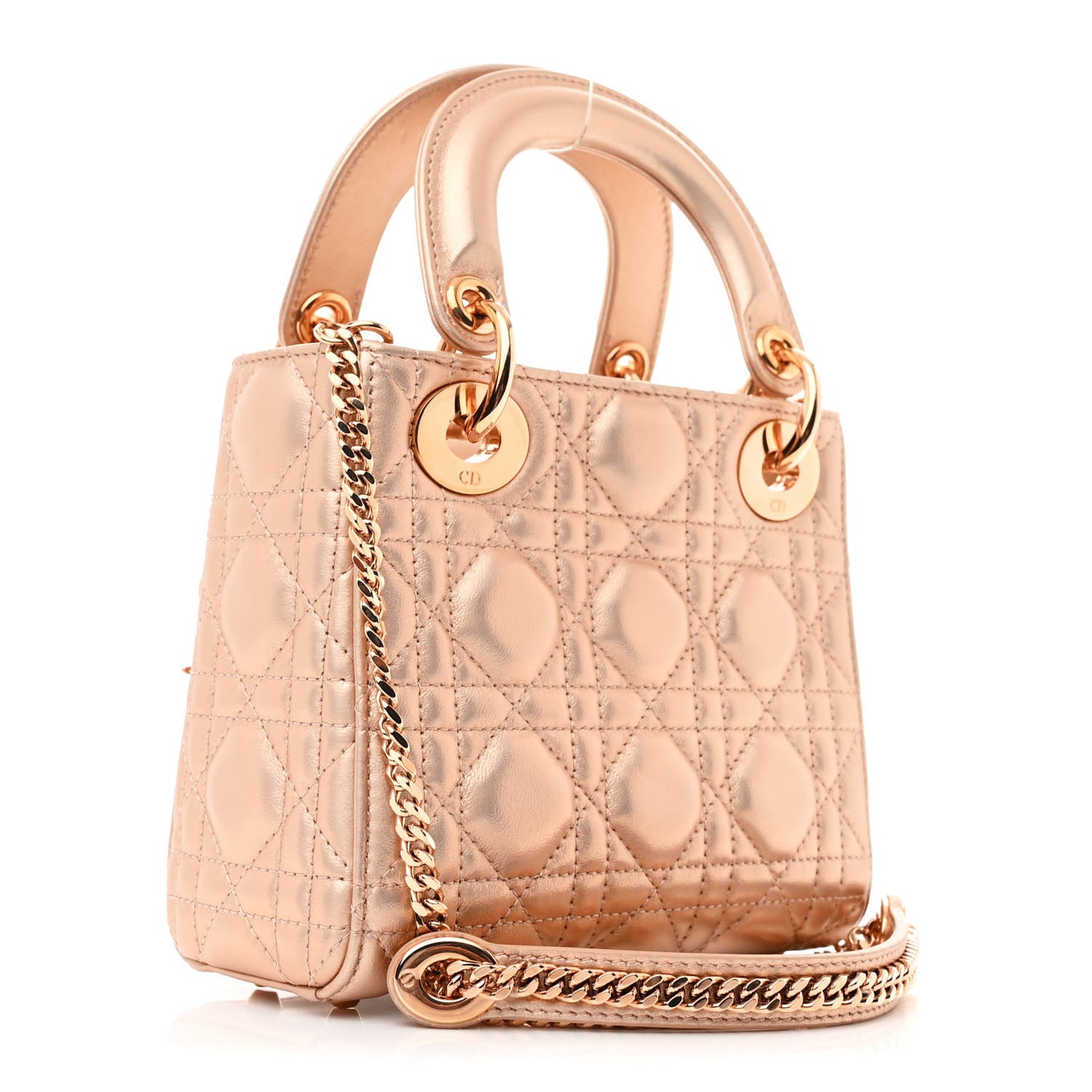 Metallic Lambskin Cannage Mini Lady Dior Gold Rose