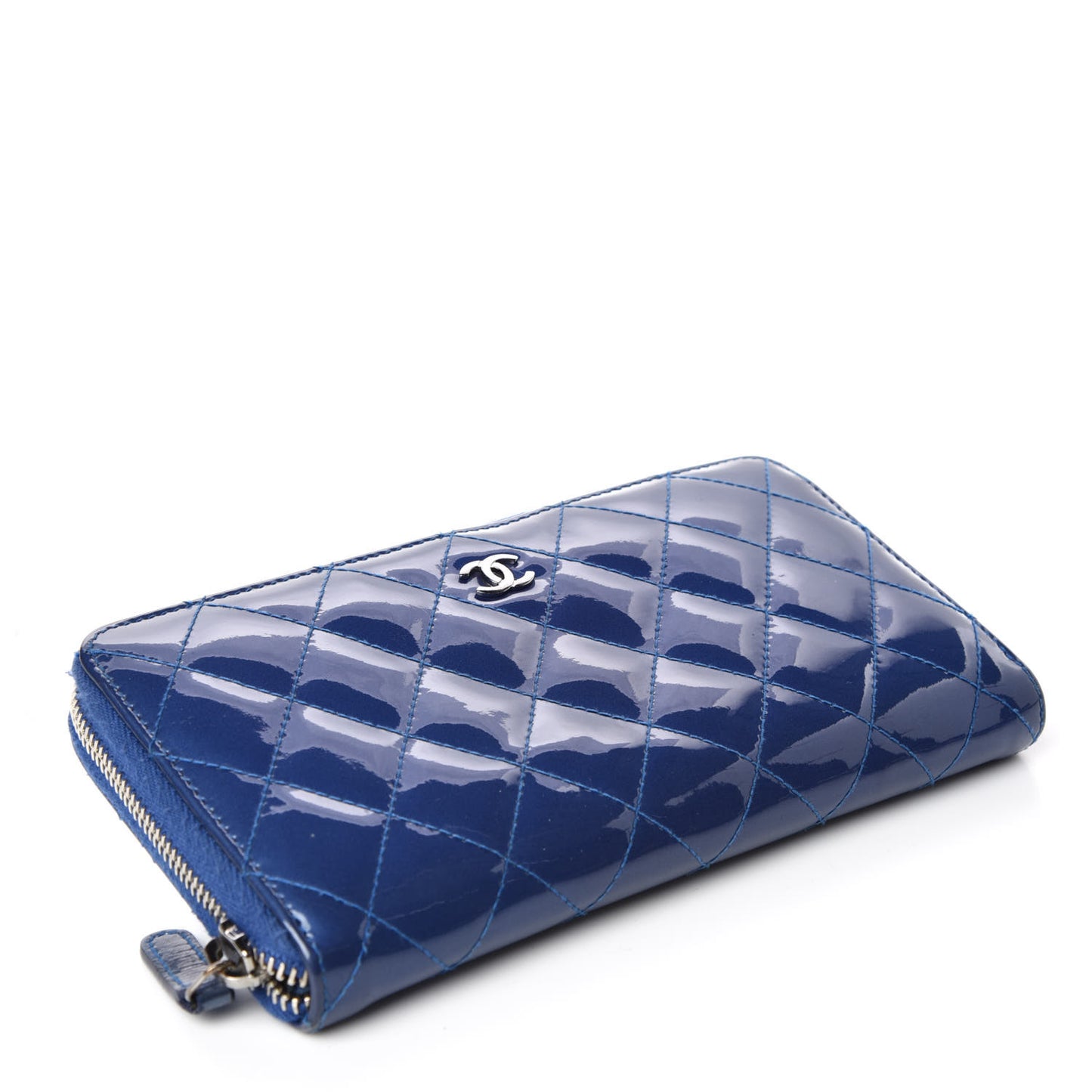Patent Quilted Large Gusset Zip Around Wallet Blue