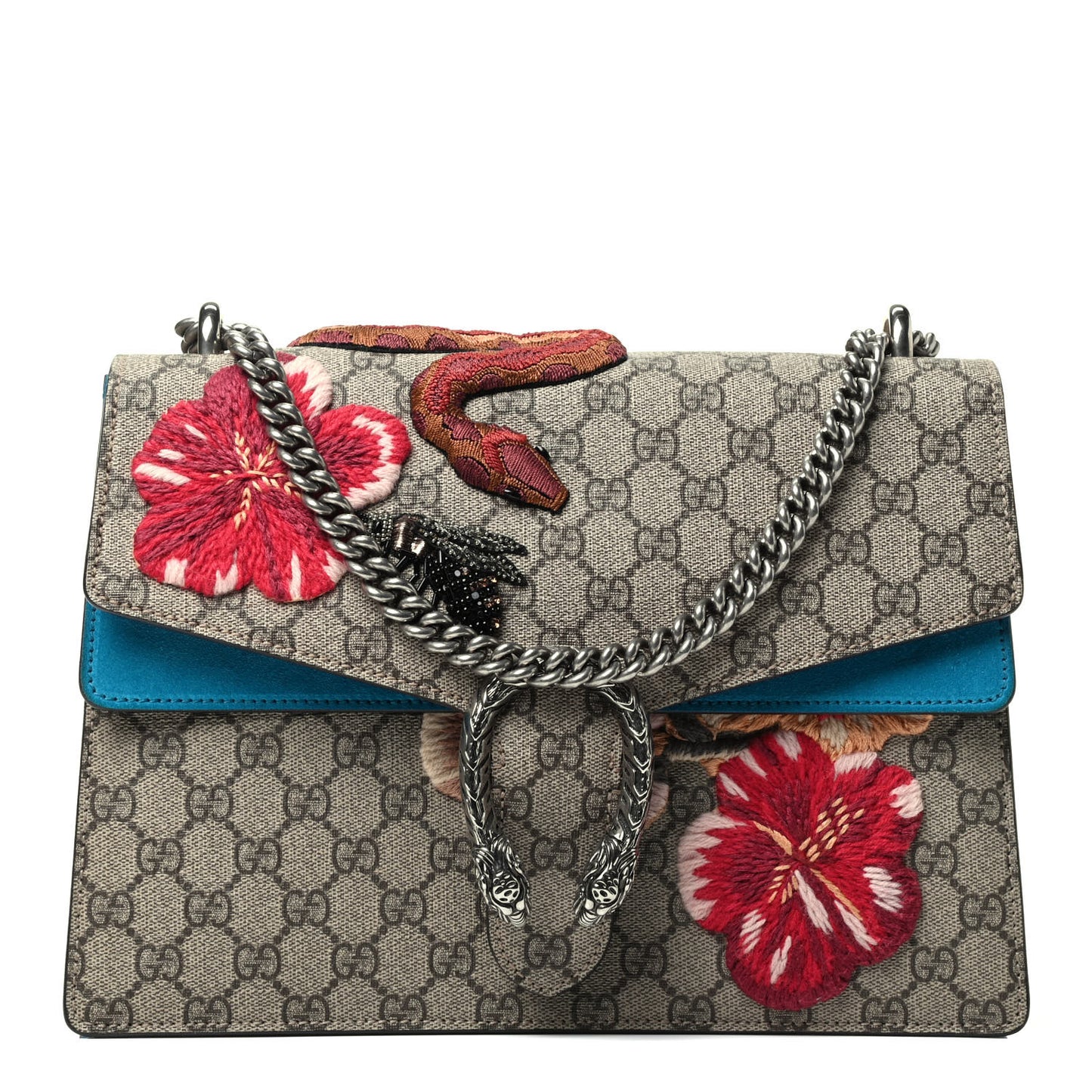 GG Supreme Monogram Bee Snake Embroidered Medium Dionysus Shoulder Bag Blue
