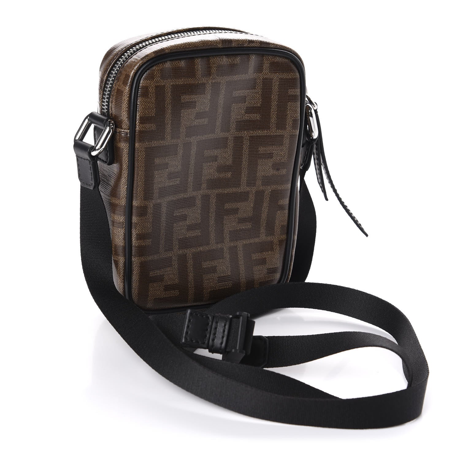 Fendi Glazed Fabric Vitello Century FF 1974 Stamp Patch Small Crossbody Messenger Mogano Panna Black 3 of 10