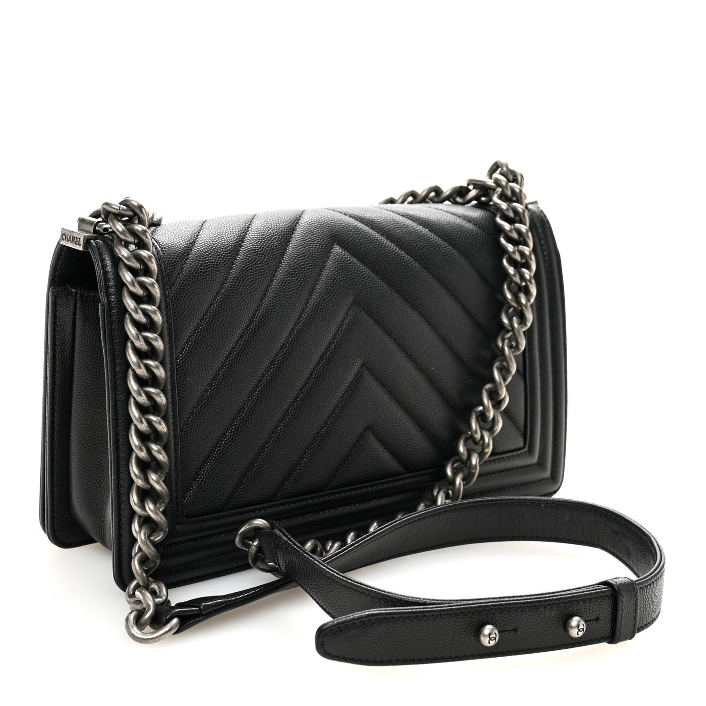 Caviar Chevron Quilted Medium Boy Flap Black