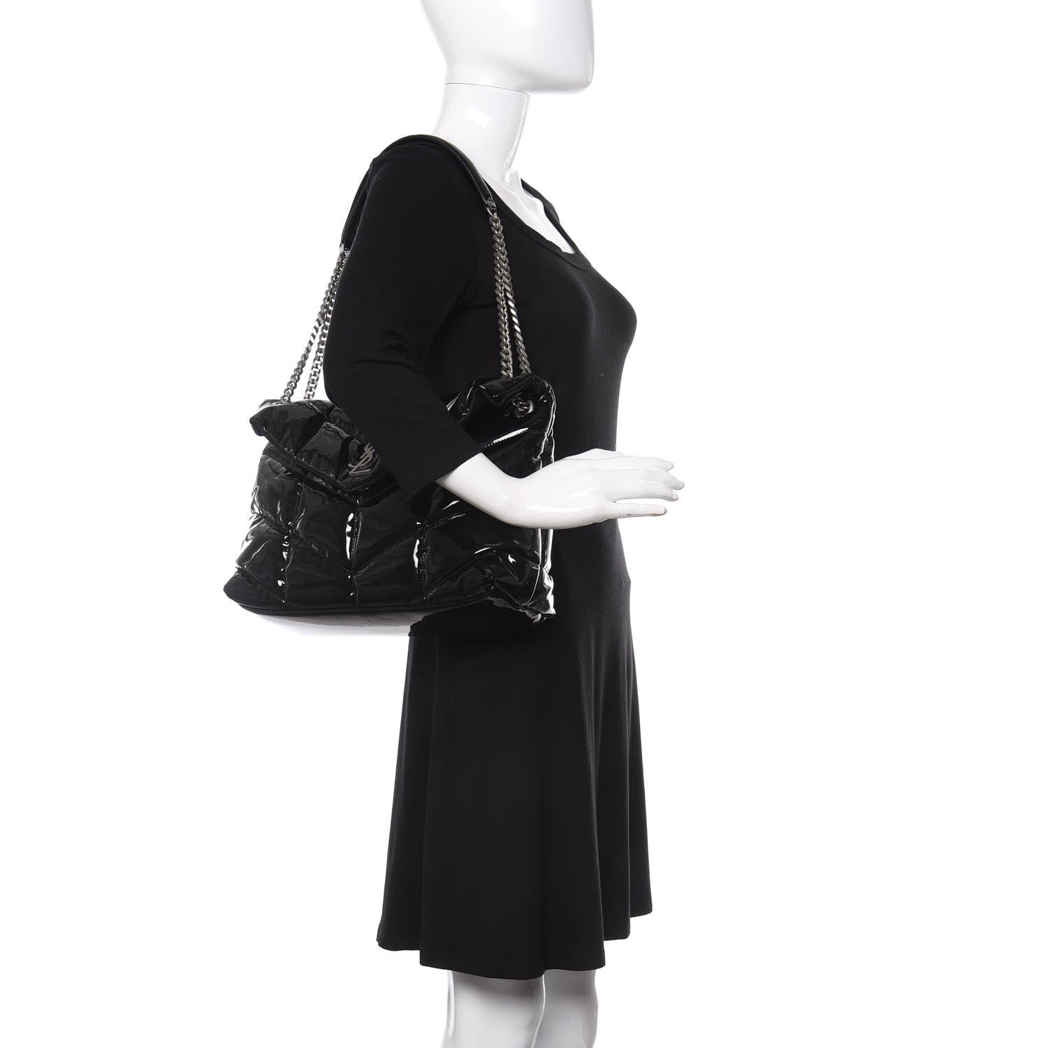 Saint Laurent Patent Lambskin Quilted Medium Loulou Puffer Monogram Chain Satchel Black 3 of 11