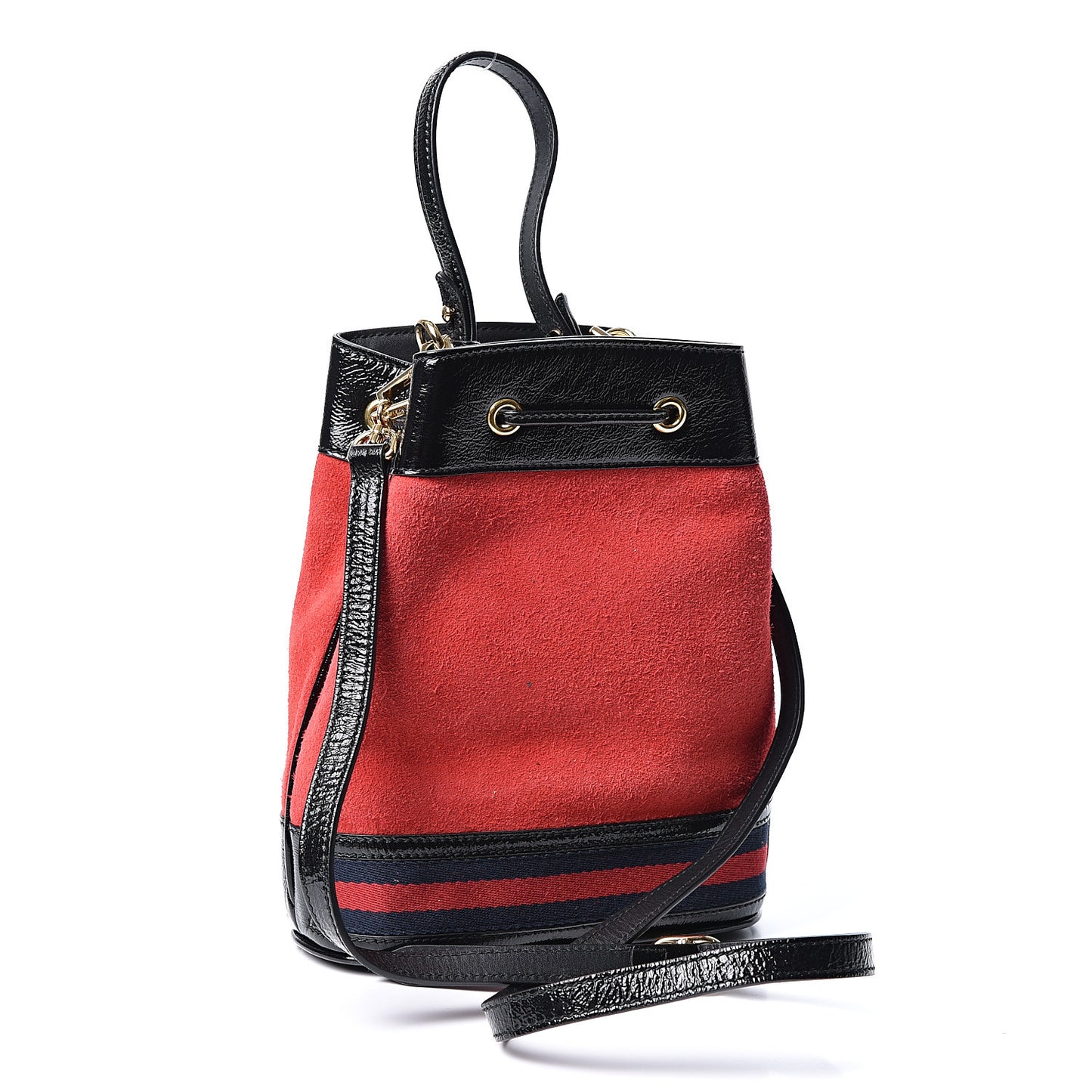 Suede Patent Web Small Ophidia Bucket Bag Hibiscus Red Black