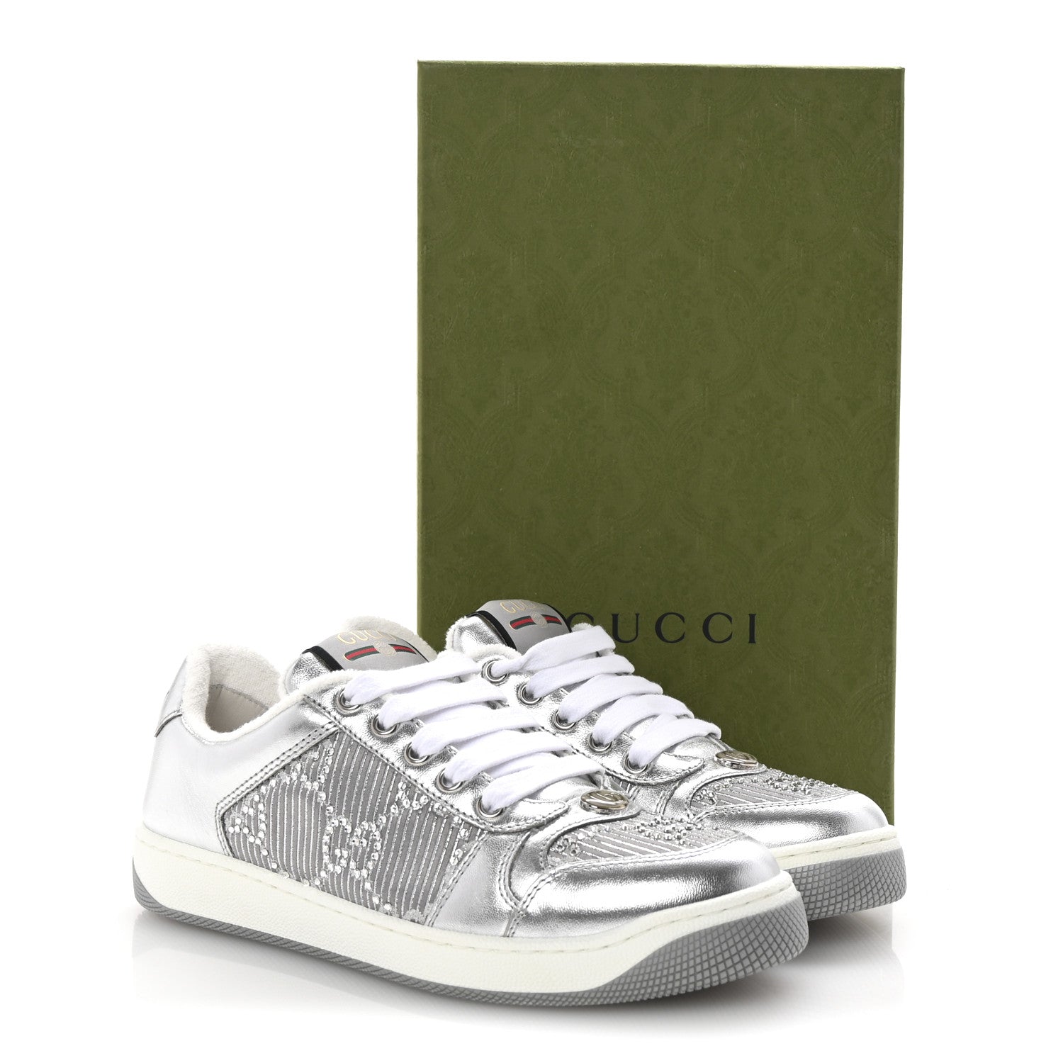 Gucci Metallic Nappa Silk Crystals Womens Screener Sneakers 36.5 Silver Light Grey 11 of 11