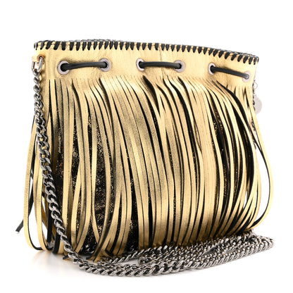 Stella McCartney Metallic Shaggy Deer Fringe Falabella Bucket Bag Gold Black 3 of 10