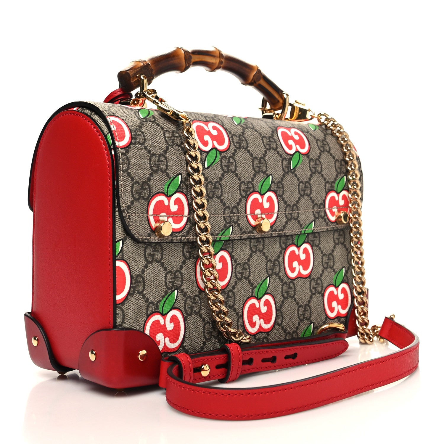 Gucci GG Supreme Monogram Apple Small Padlock Bamboo Shoulder Bag Beige Multicolor Lobster Red 3 of 10