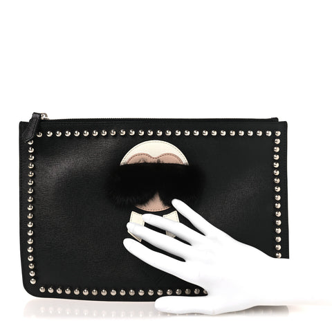 Vitello Elite Flamingo Mink Karlito Studded Pouch Black White Plaster