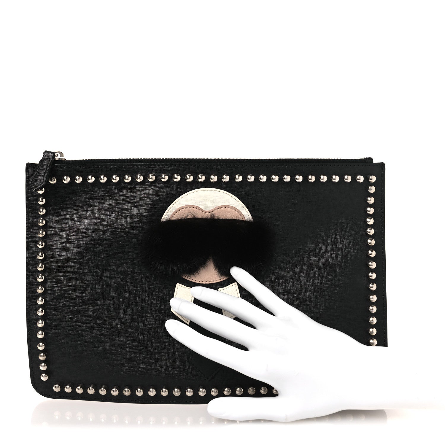 Fendi Vitello Elite Flamingo Mink Karlito Studded Pouch Black White Plaster 2 of 7