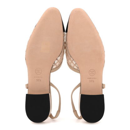 Chanel Embroidery Grosgrain Cap Toe CC Slingback Flats 38.5 Beige Black 6 of 9
