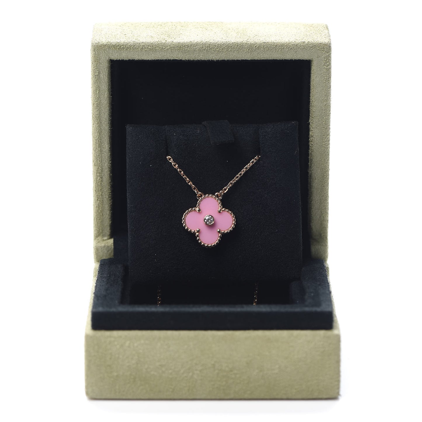 18K Rose Gold Diamond Pink Porcelain Vintage Alhambra Pendant Necklace
