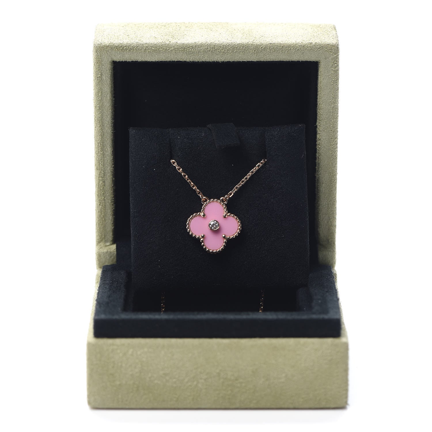 Van Cleef & Arpels 18K Rose Gold Diamond Pink Porcelain Vintage Alhambra Pendant Necklace 7 of 7