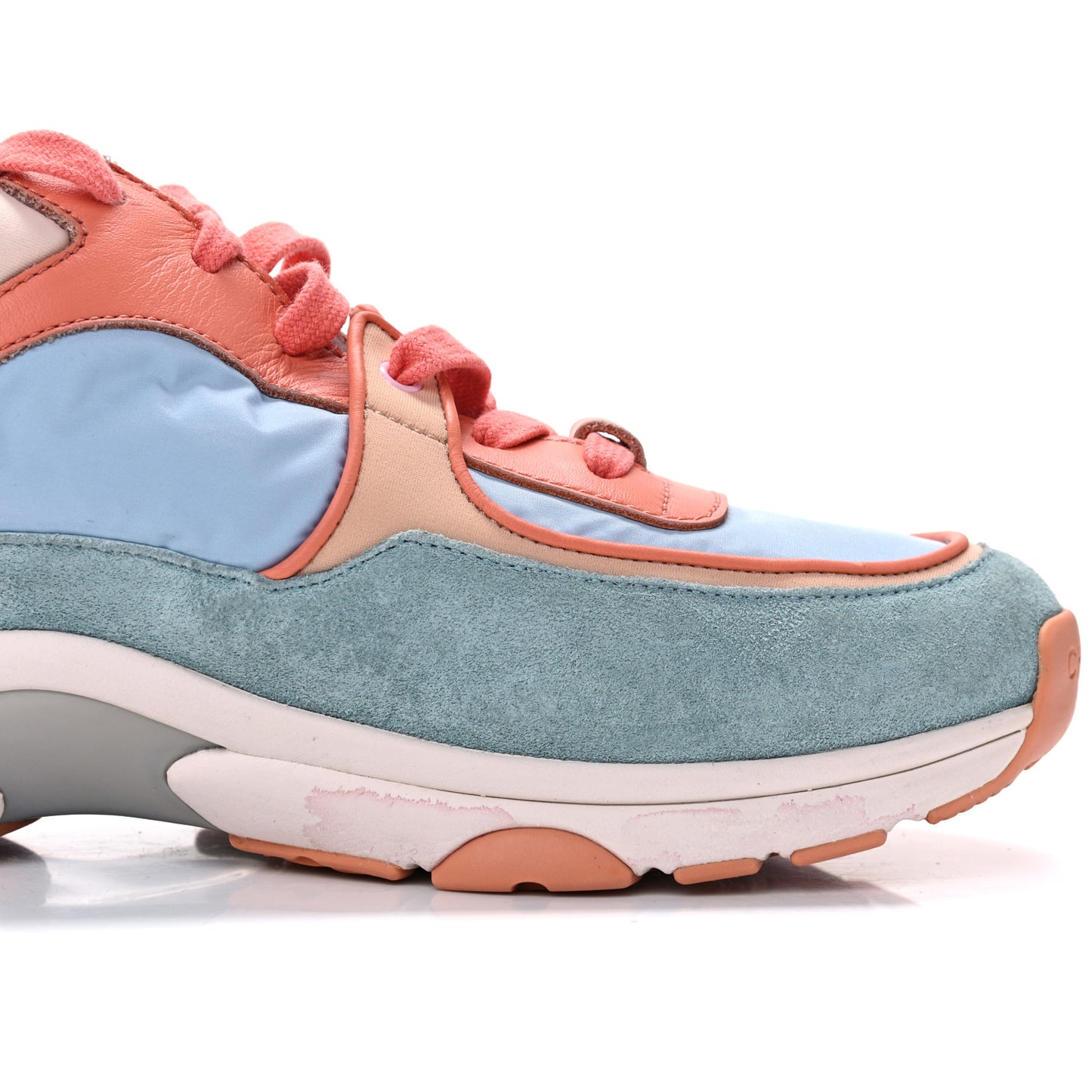 Nylon Lambskin Suede Calfskin CC Sneakers 38.5 Coral Light Blue White