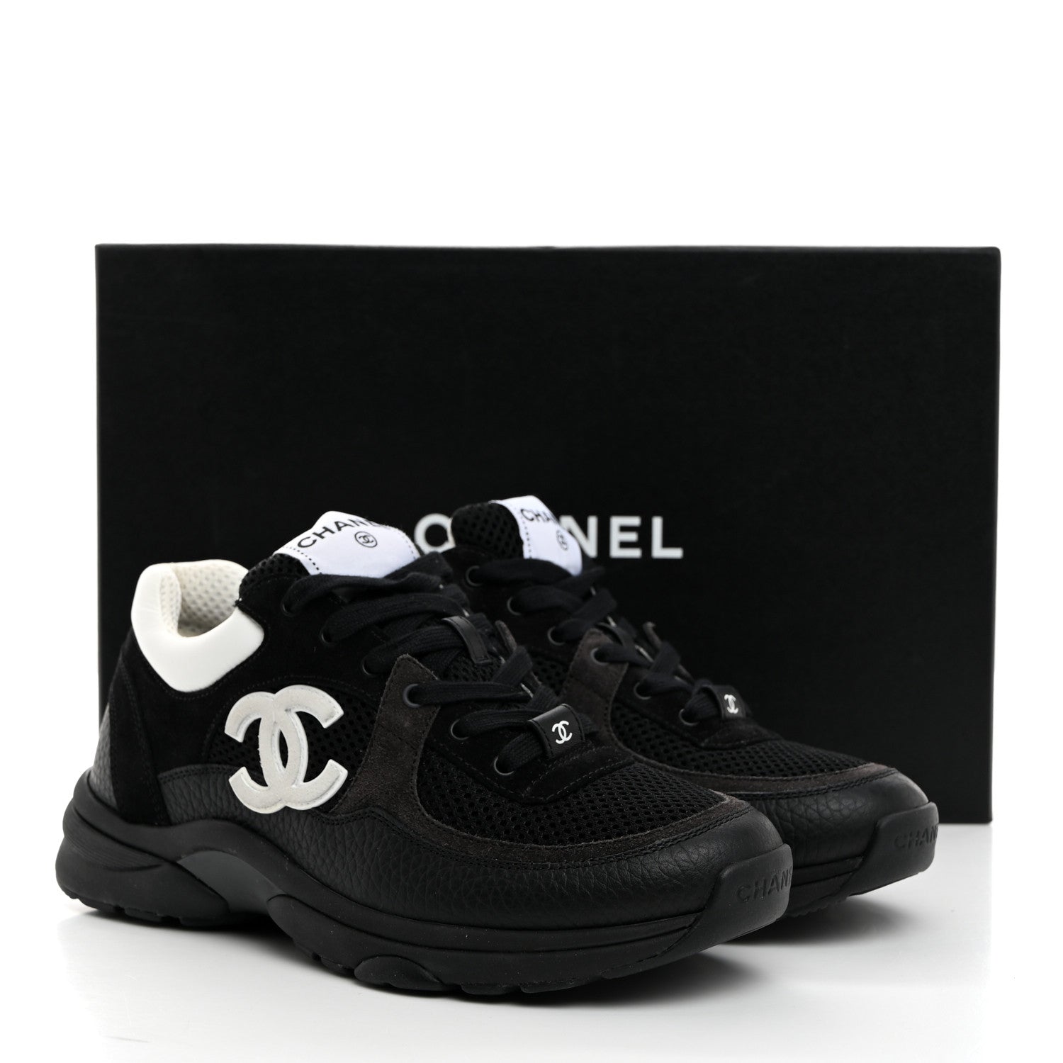 Chanel Mesh Suede Grained Calfskin Womens CC Sneakers 38 Black White 9 of 9