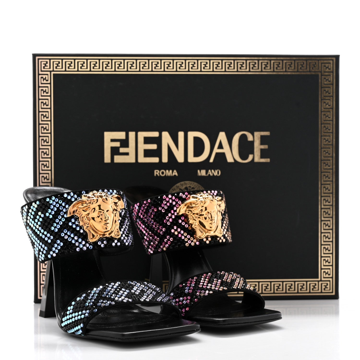 Versace X FENDI Calfskin Crystal Fendace FF Medusa High Heel Mule Sandals 36 Black Multicolor 12 of 12