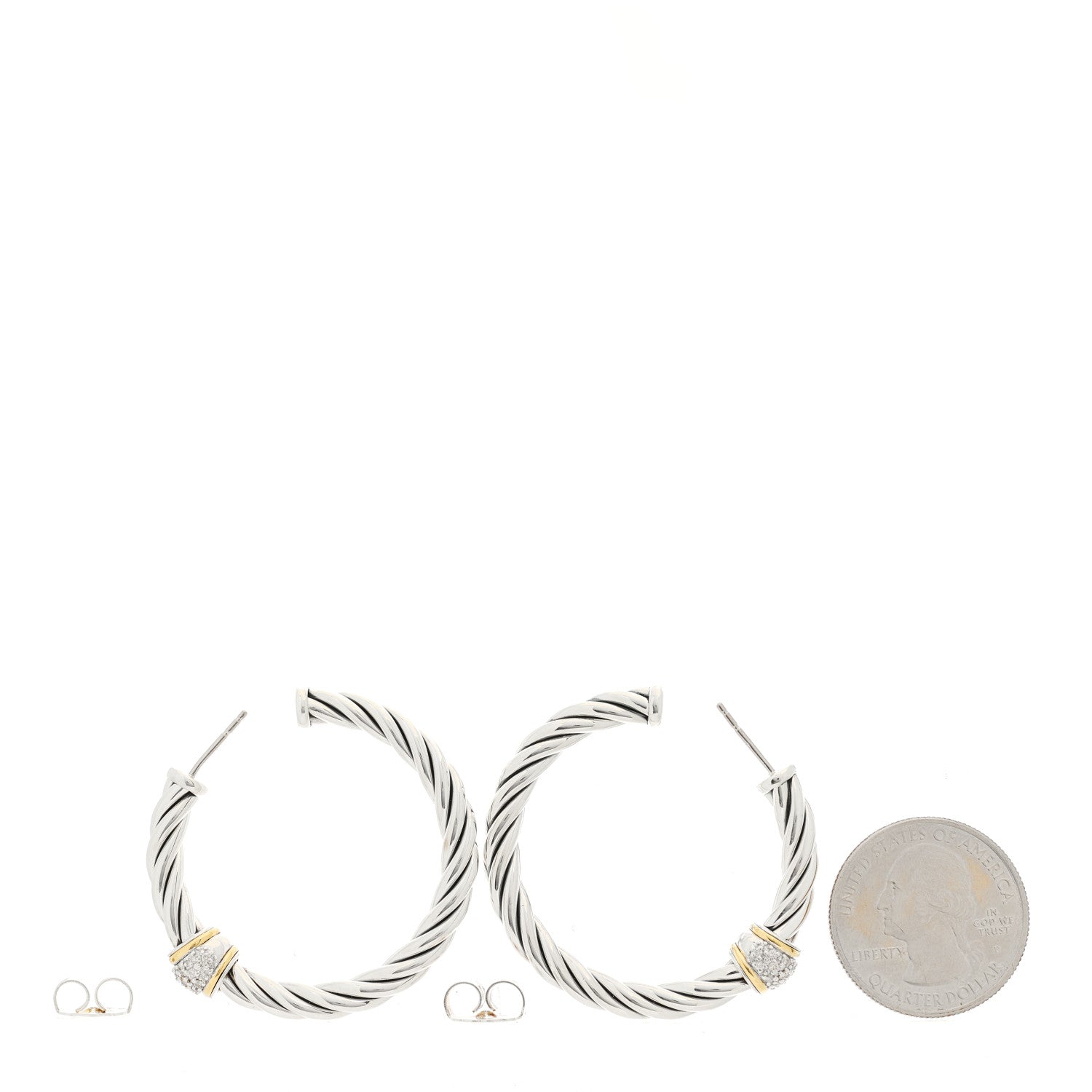 David Yurman Sterling Silver 18K Yellow Gold Diamond Cable Classics Hoop Earrings 2 of 3