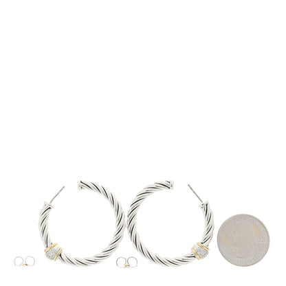 David Yurman Sterling Silver 18K Yellow Gold Diamond Cable Classics Hoop Earrings 2 of 3