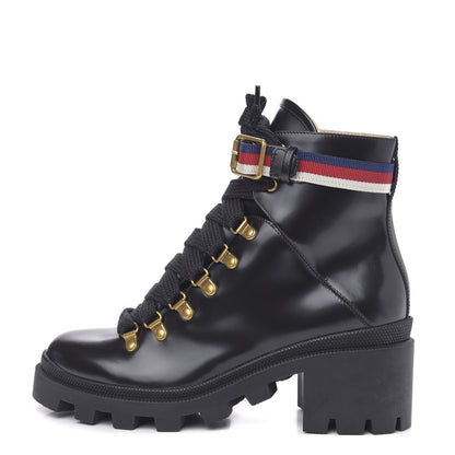 Gucci Calfskin Sylvie Web Womens Lace Up Combat Boots 38 Black 1 of 8