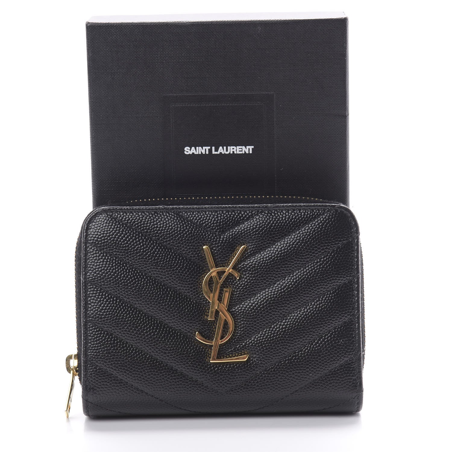 Saint Laurent Grain De Poudre Matelasse Chevron Monogram Compact Zip Around Wallet Black 8 of 8