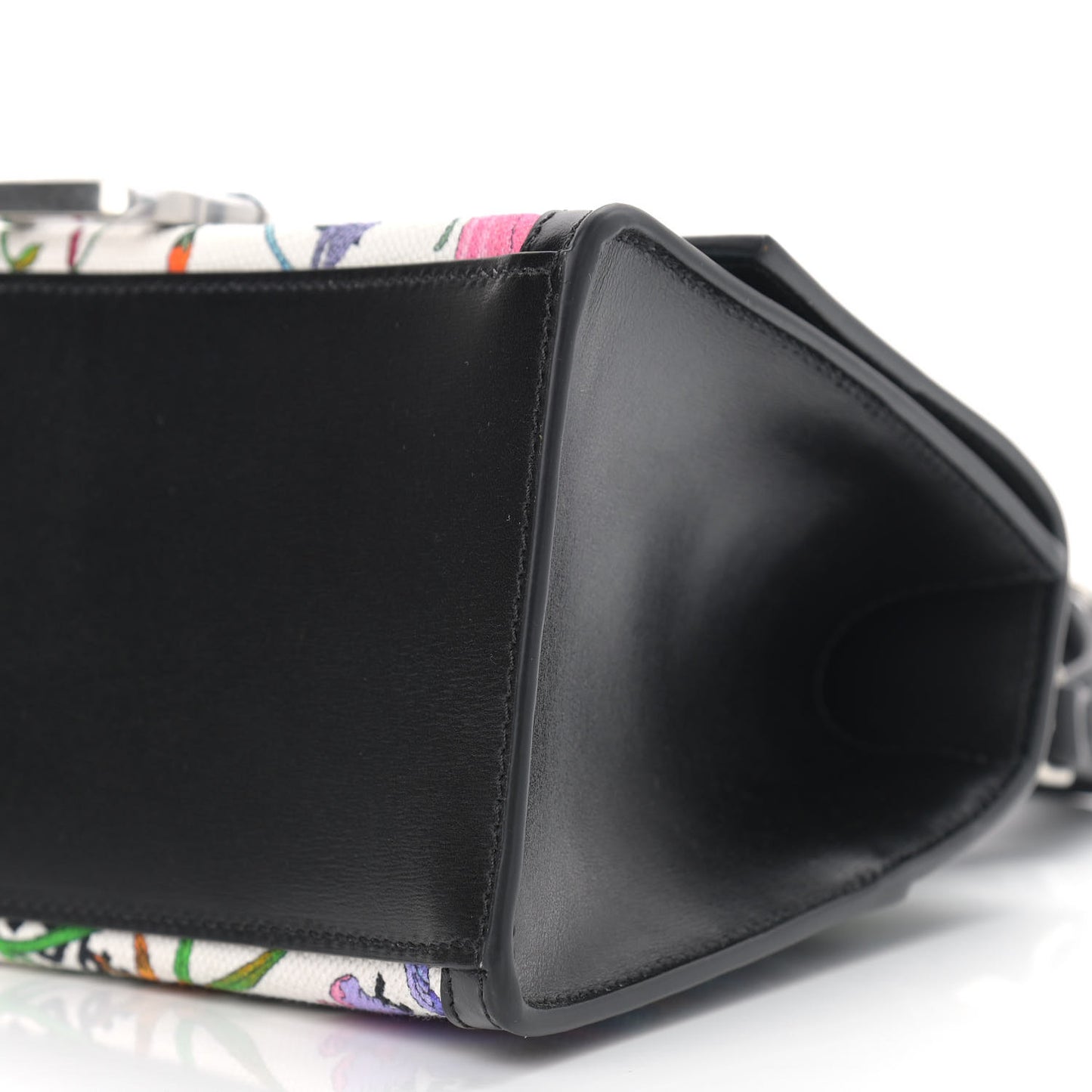 X GUCCI Canvas Boarded Plutone Calfskin Flora Logo Print Small Hourglass Top Handle Bag White Multicolor Black