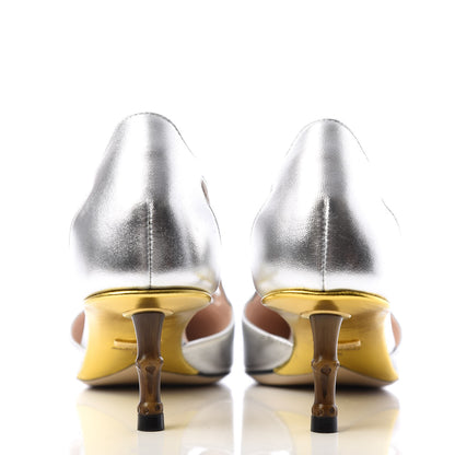 Gucci Metallic Nappa Bamboo Crystal Double G Low Heel Pumps 38 Argento 7 of 10