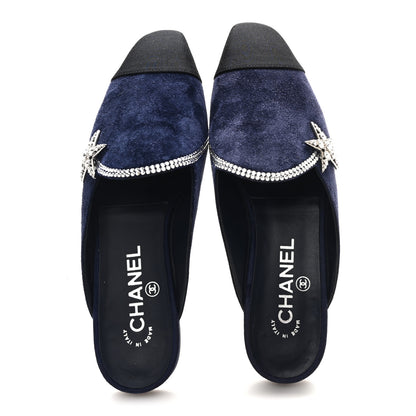 Chanel Suede Calfskin Grosgrain Crystal CC Star Mules  37.5 Blue Black 2 of 9