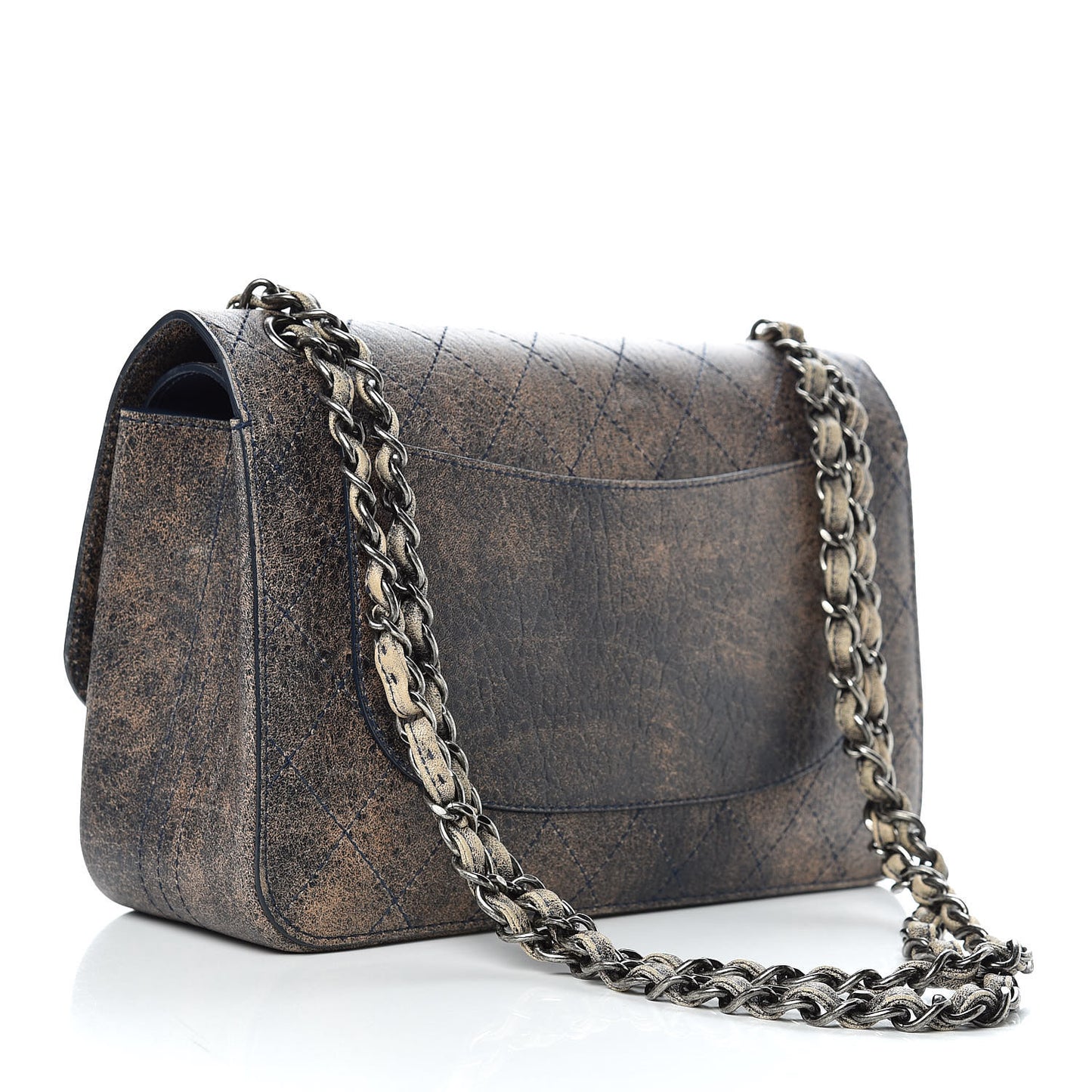Calfskin Stitched Jumbo Double Flap Brown Blue