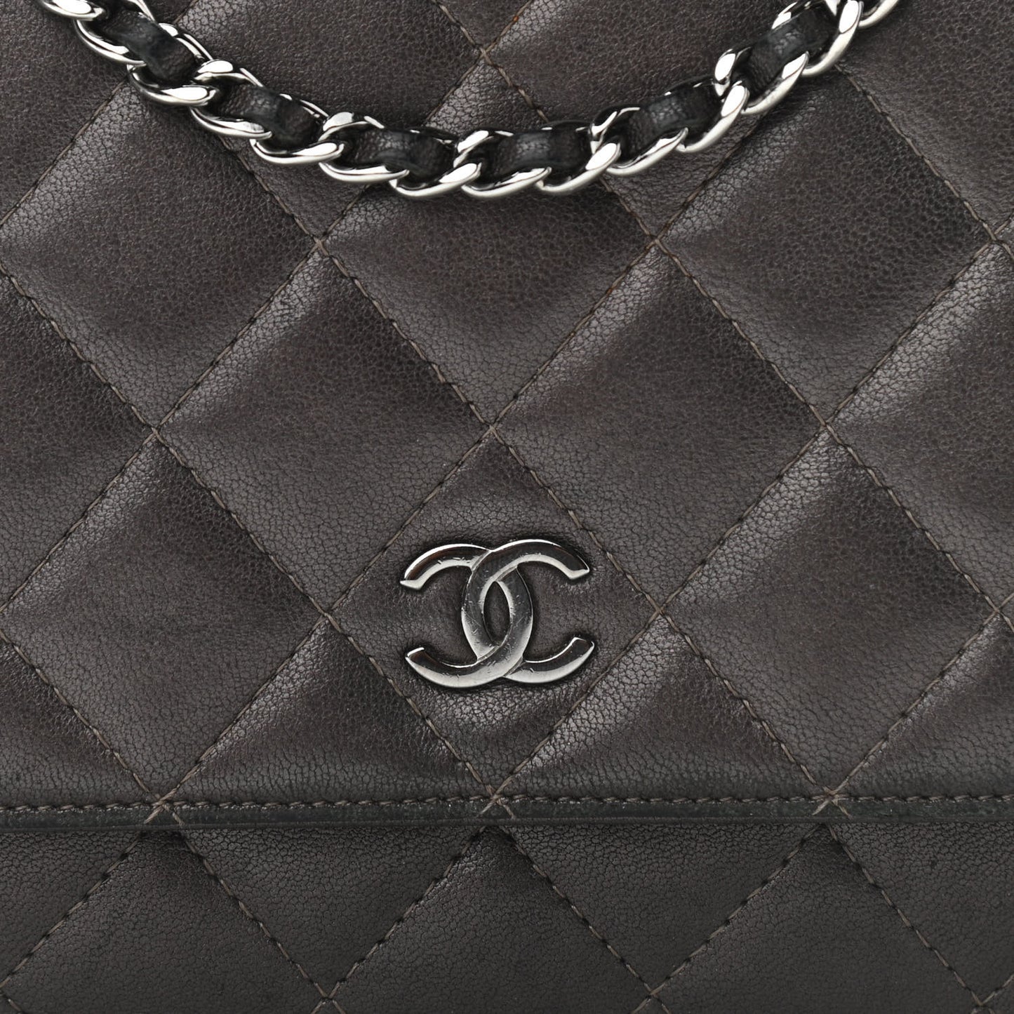 Metallic Lambskin Quilted Wallet On Chain WOC Dark Grey