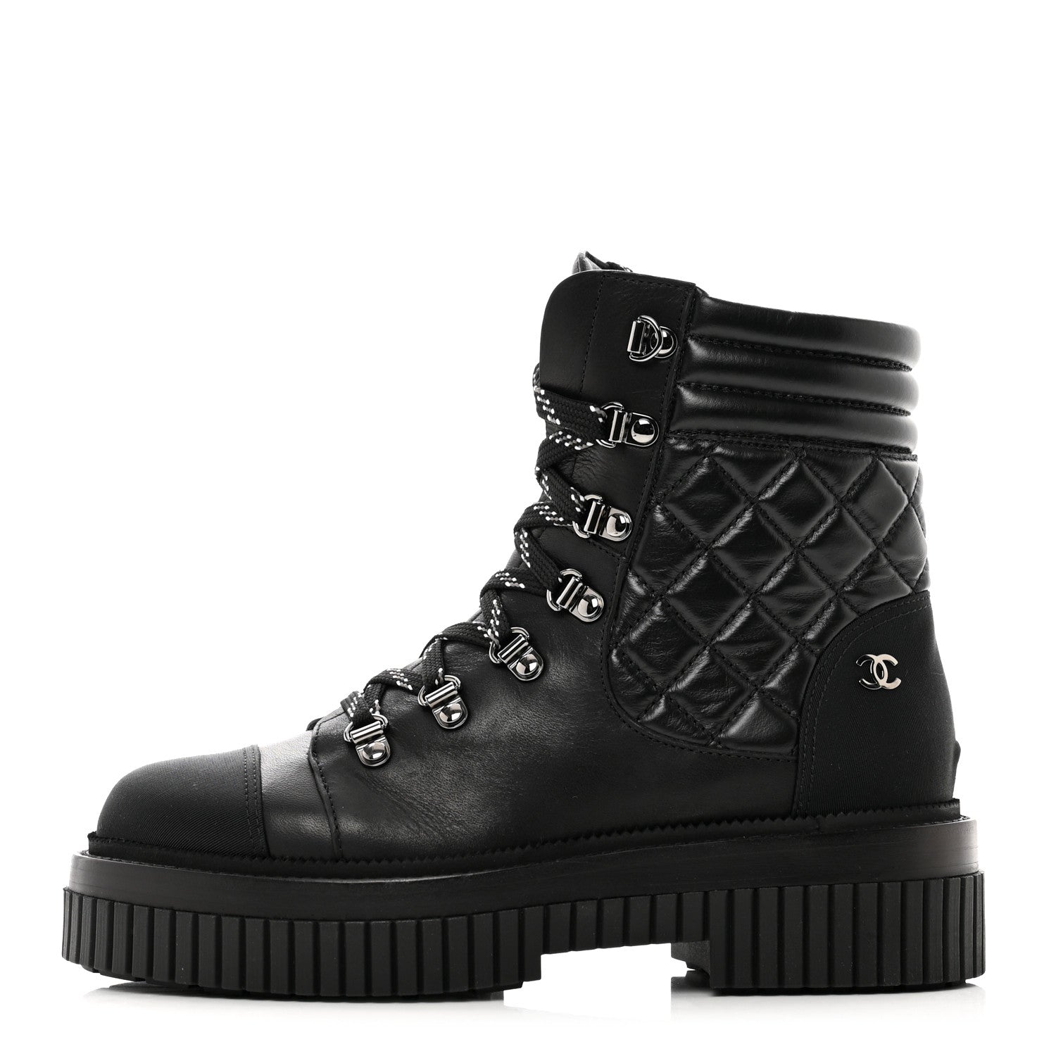 Chanel Calfskin Grosgrain Quilted Lace Up Boots 37.5 Black Grey 1 of 9