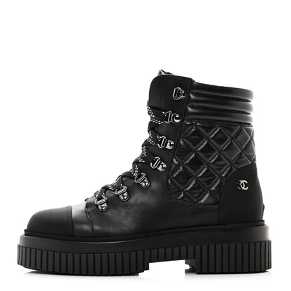 Chanel Calfskin Grosgrain Quilted Lace Up Boots 37.5 Black Grey 1 of 9