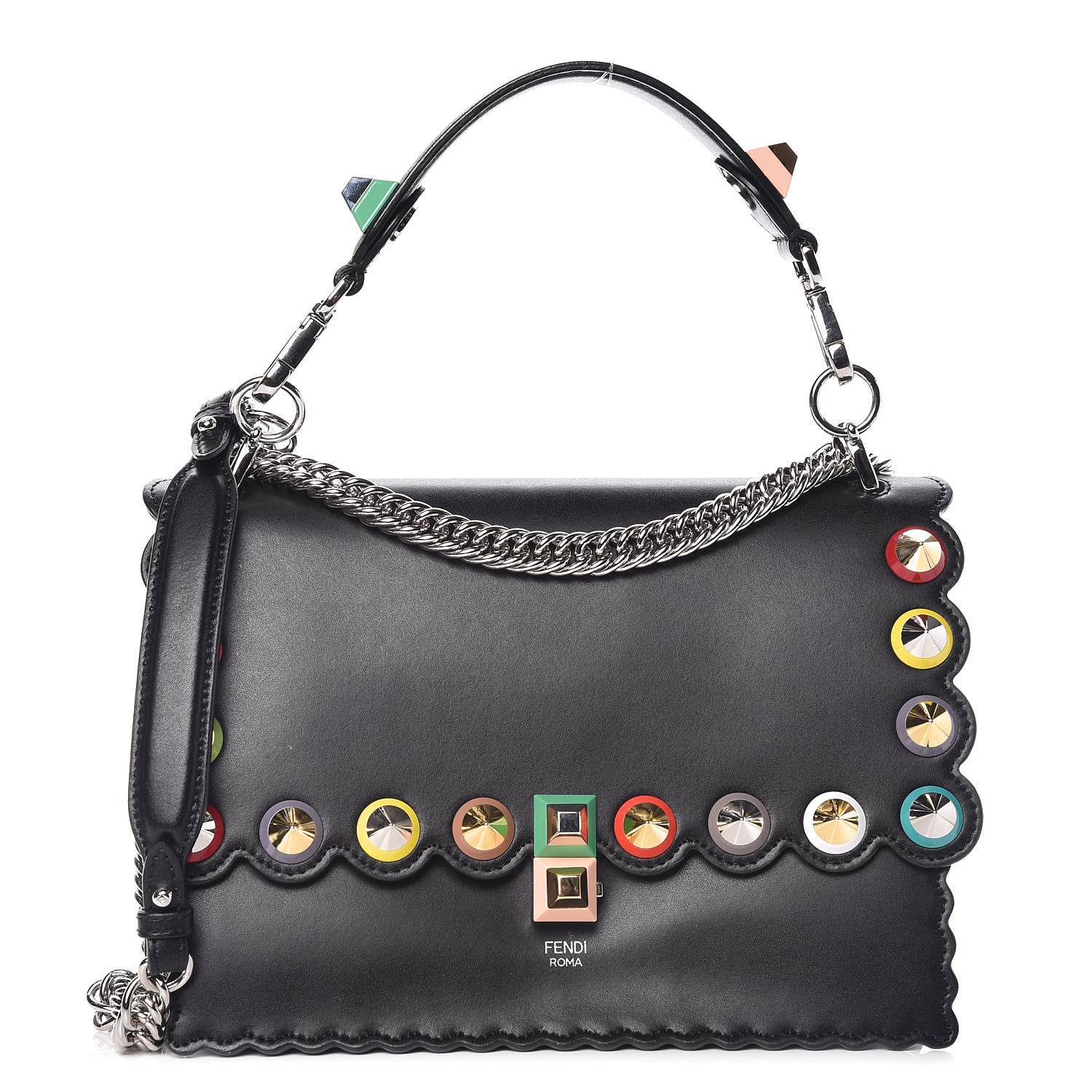 Fendi Vitello Liberty Scalloped Spike Studded Kan I Shoulder Bag Black Multicolor 1 of 10