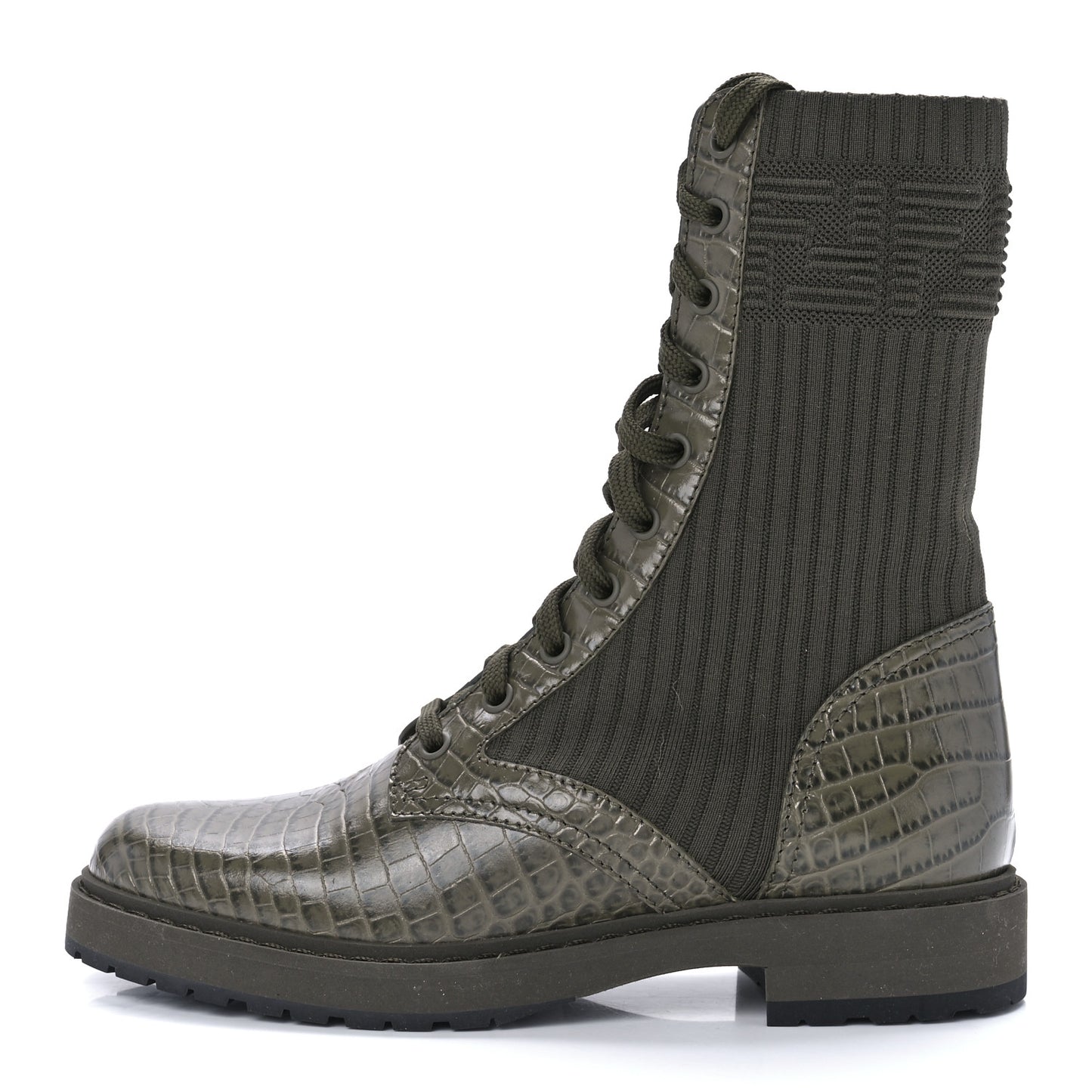 Vitello Stretch Fabric 3D FF Croc Embossed Womens Combat Boots 37.5 Illinois Oliva