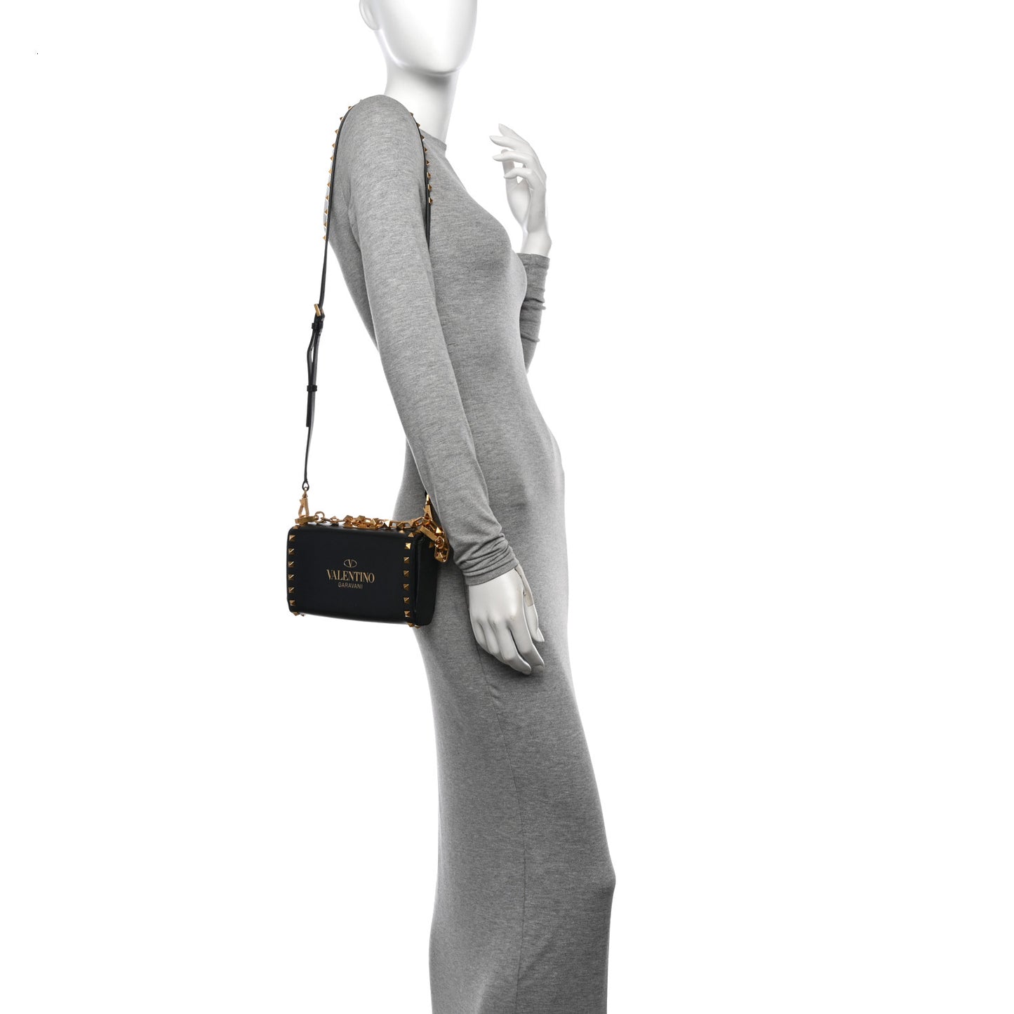 Grainy Calfskin Rockstud Alcove Box Clutch Black