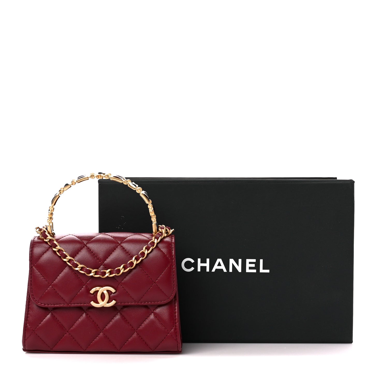 Lambskin Enamel Quilted Top Handle Flap With Chain Red