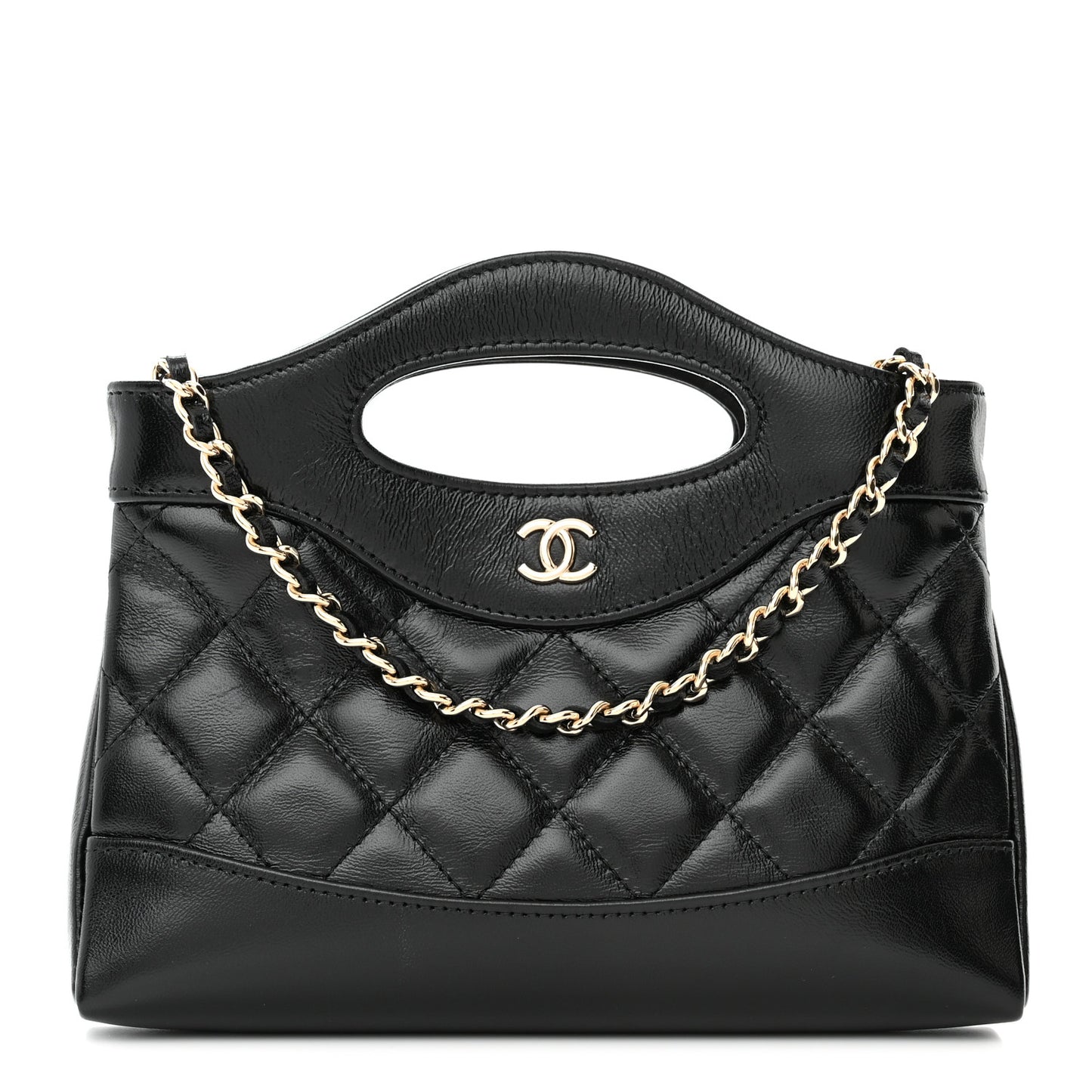 Shiny Crumpled Calfskin Quilted Nano 31 Shopping Bag Black
