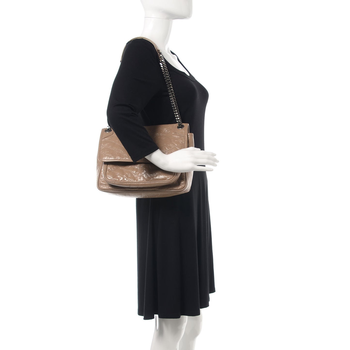 Crinkled Calfskin Matelasse Monogram Medium Niki Chain Satchel Light Taupe