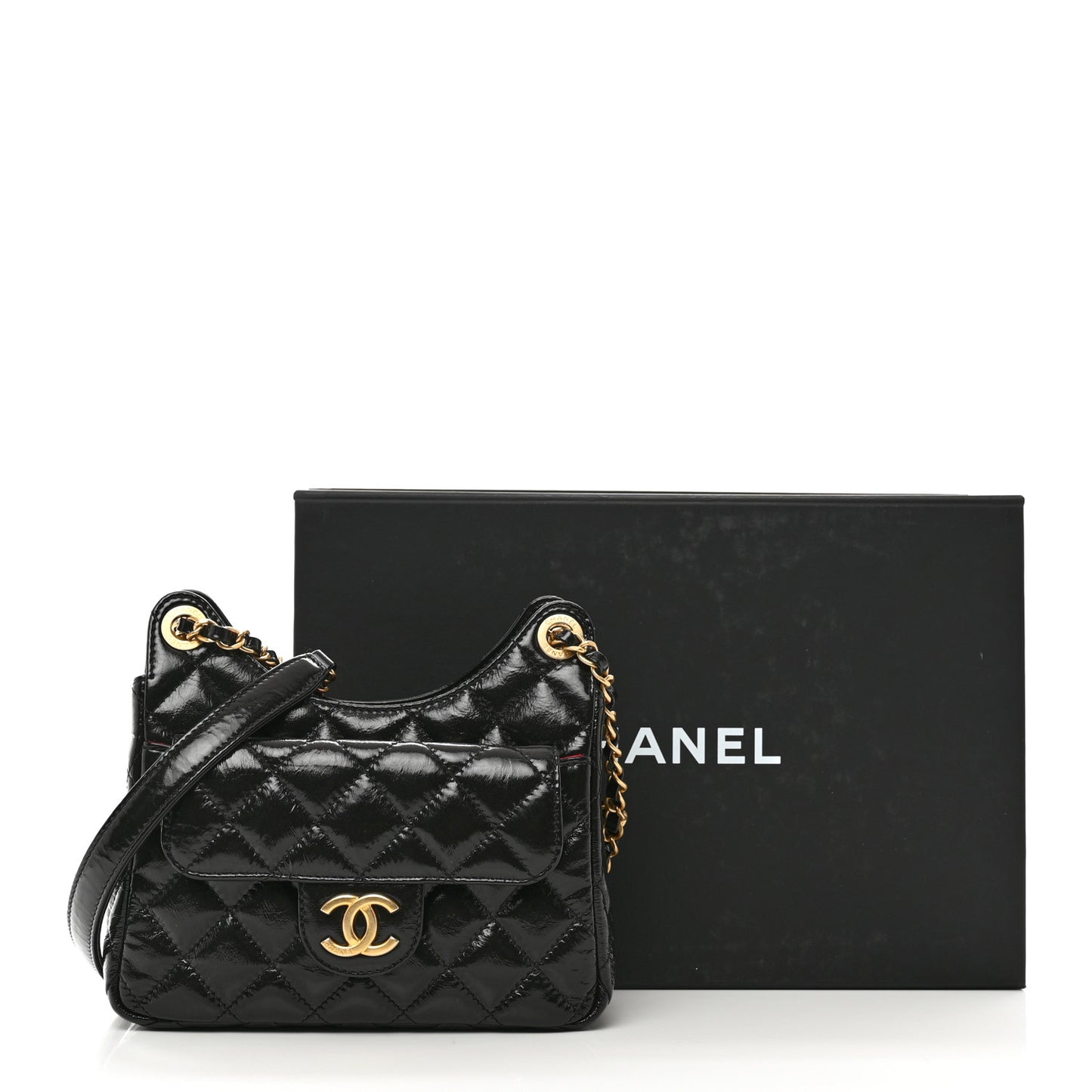 Shiny Crumpled Calfskin Quilted Small Wavy CC Hobo Black