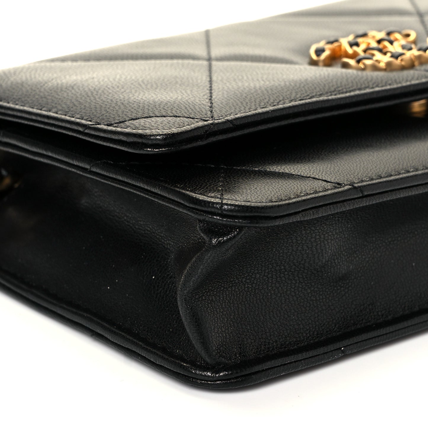 Shiny Goatskin Quilted Chanel 19 Wallet On Chain WOC Black