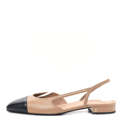 Chanel Lambskin Cap Toe CC Slingback Sandals 39.5 Beige Black 1 of 9