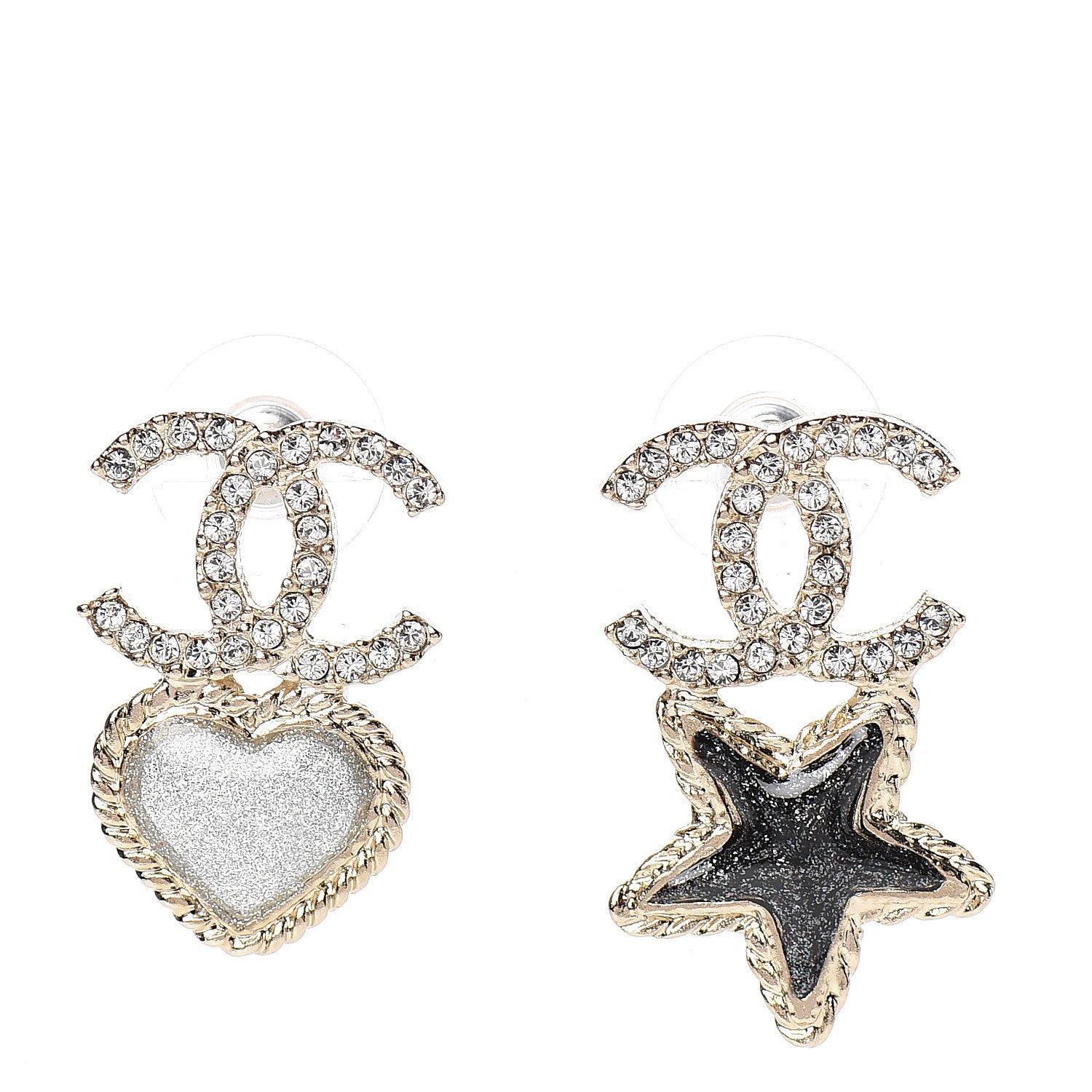 Chanel Crystal Enamel CC Star Heart Earrings Gold 1 of 5