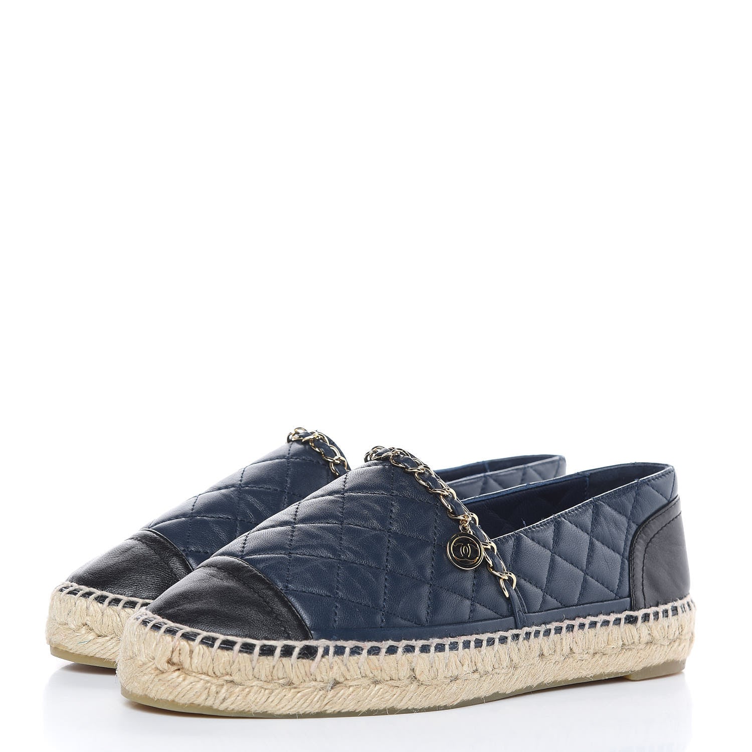 Chanel Lambskin Quilted CC Chain Espadrilles 38 Navy Black 3 of 9
