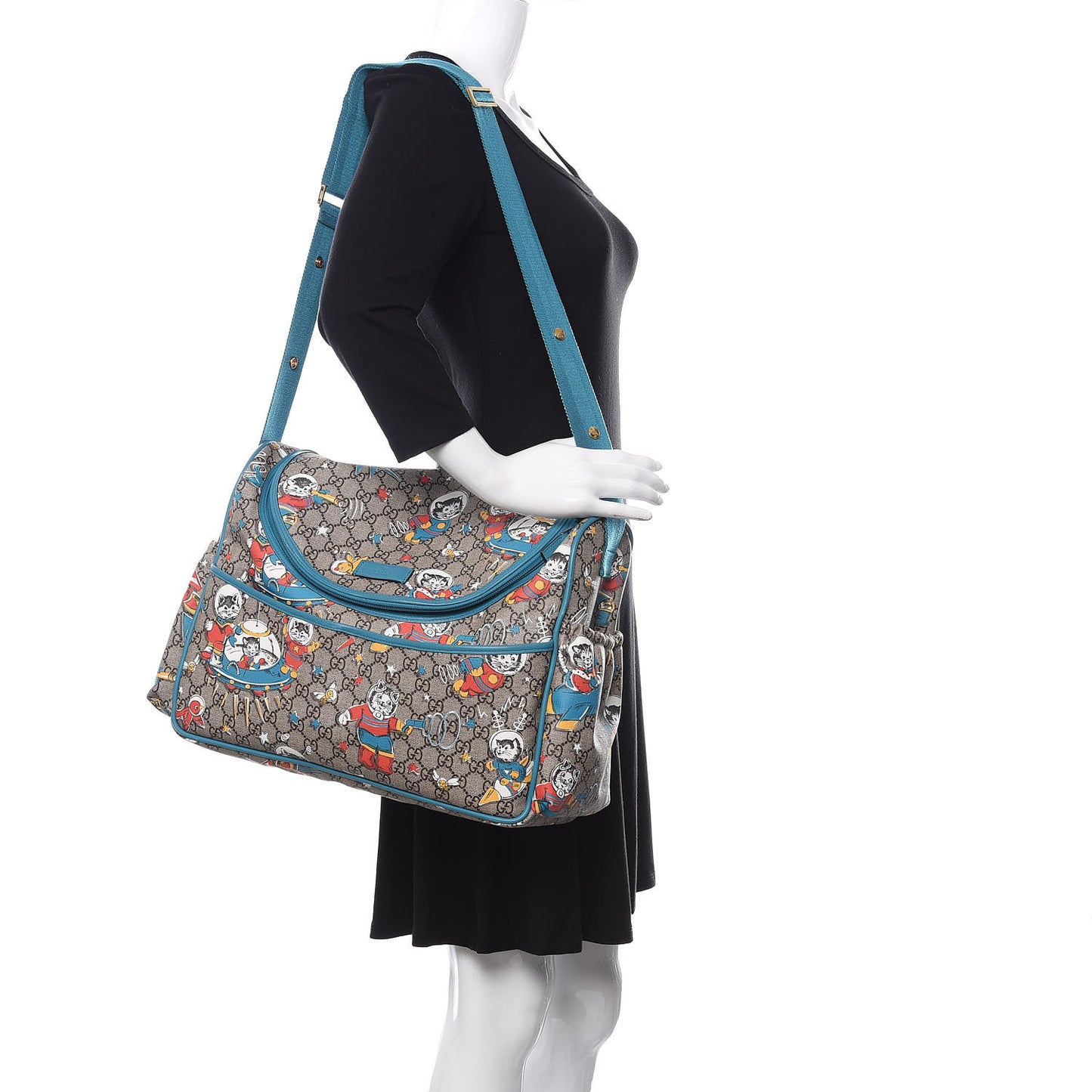 GG Supreme Monogram Space Cats Diaper Bag Turquoise