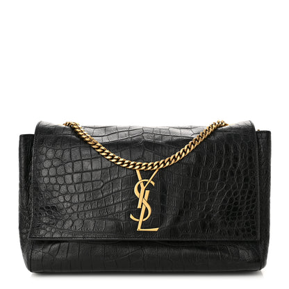 Saint Laurent Calfskin Crocodile Embossed Suede Medium Reversible Monogram Kate Satchel Military Taupe 1 of 13