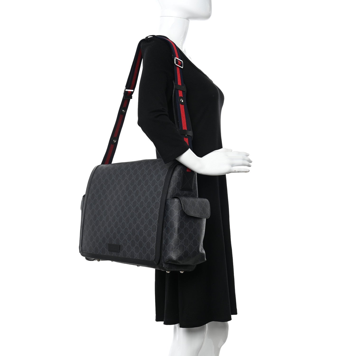 Gucci GG Supreme Monogram Web Messenger Diaper Bag Black Grey 2 of 15