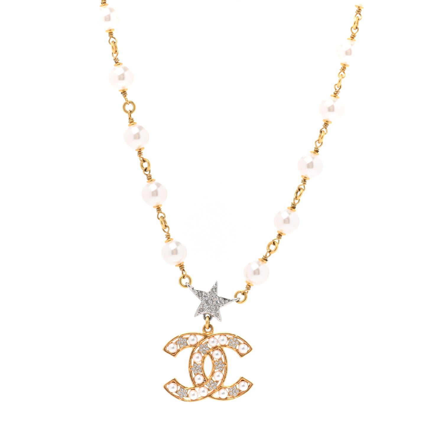 Metal Pearl Crystal CC Star Necklace Gold